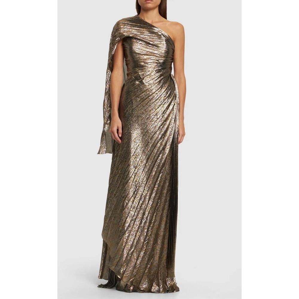 Oscar De La Renta One Shoulder Gown Draped Silk Lame Pleated Maxi Dress Formal - Picture 2 of 15